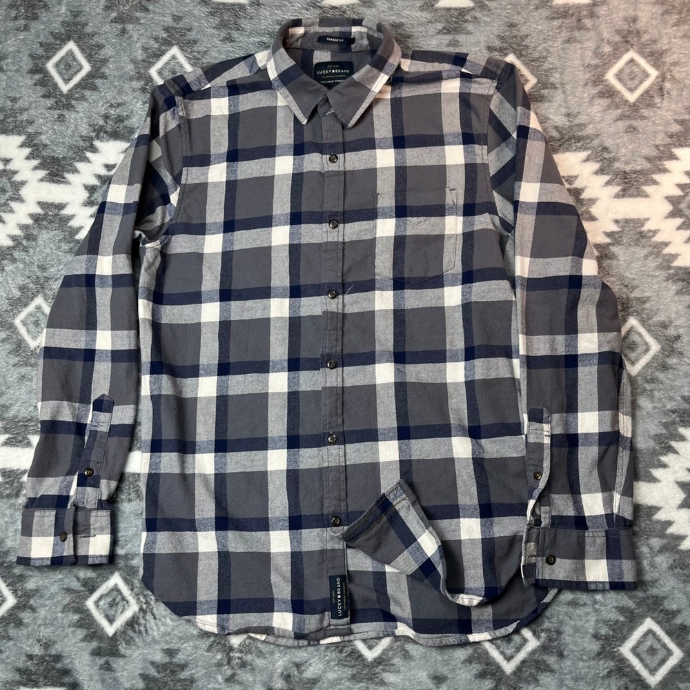 Lucky Brand Saturday Stretch Plaid Flannel Shirt Grey Navy Mens M